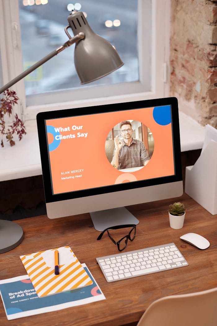 journey Stylish home office setup with computer showcasing client testimonials.