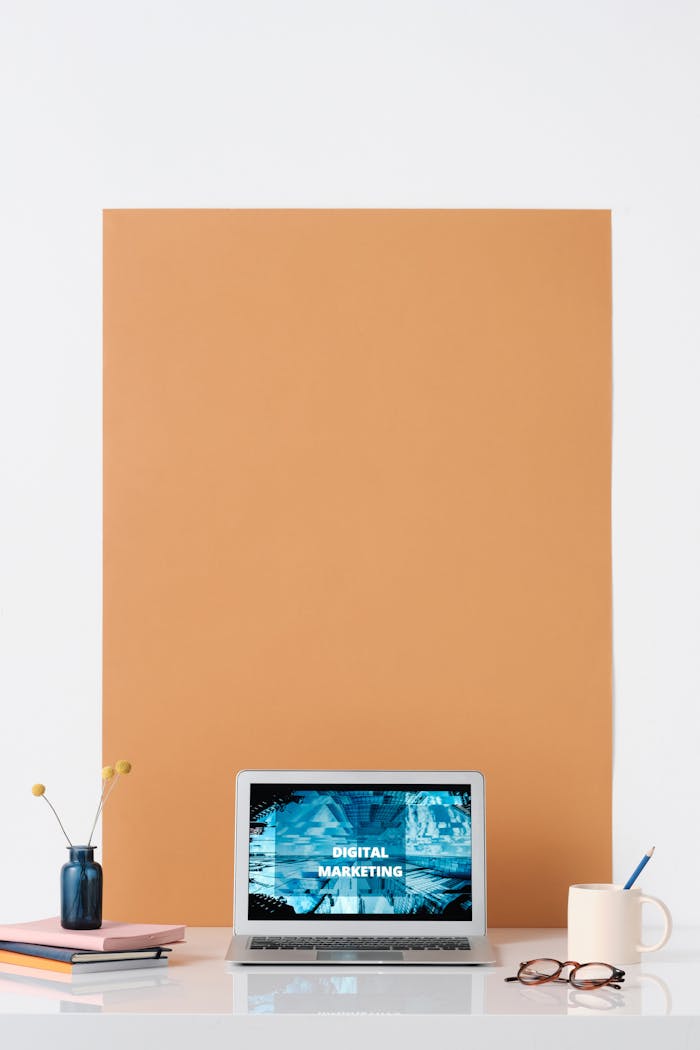 services-01 Modern workspace featuring a laptop with a digital marketing screen, ideal for business and technology themes.